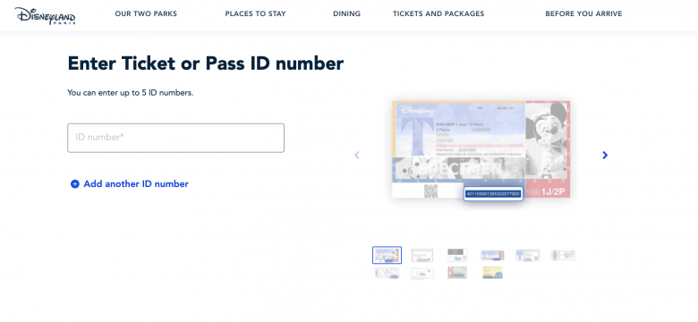 Foto da tela no site da Disneyland Paris mostrando o local para vincular os ingressos 