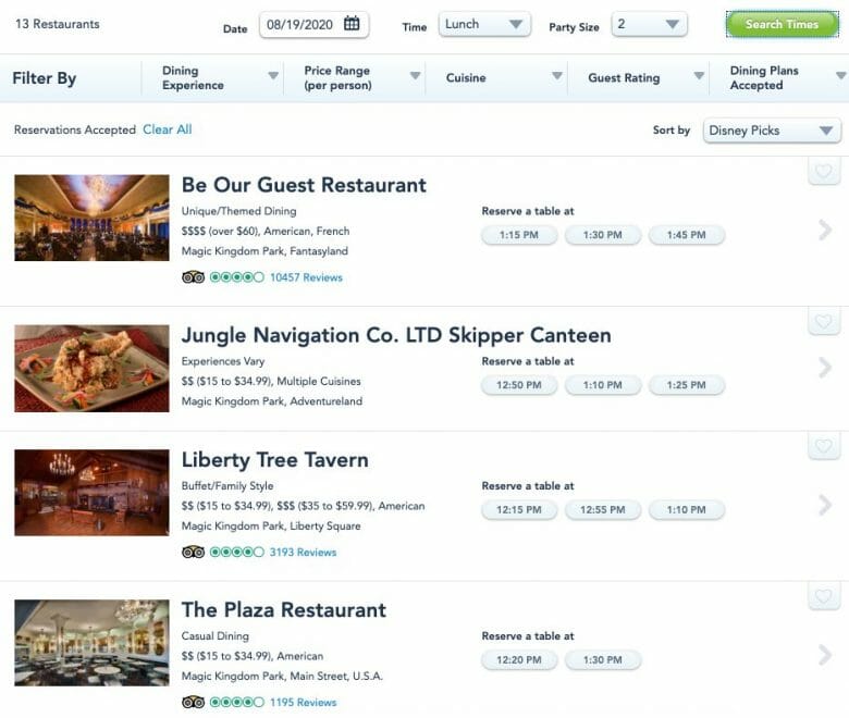 Foto do site da Disney Foto do site da Disney na seção em que são feitas as reservas de restaurante, mostrando as opções disponíveis