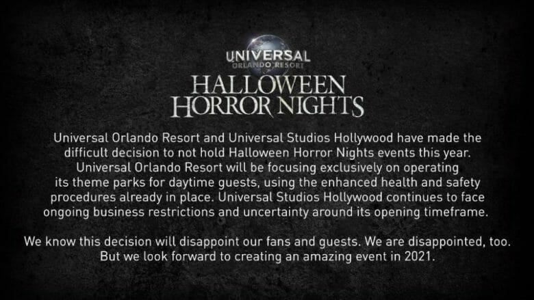 Foto do comunicado publicado pela Universal. Ele explica que a companhia tomou a difícil decisão de não realizar a festa Halloween Horror Nights este ano, em vista da pandemia, para manter a segurança e saúde dos visitantes. 