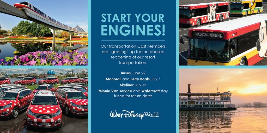 Foto de divulgação da Disney anunciando o retorno do funcionamento dos transportes do complexo. No cartaz vemos o Monorail, carros com estampa da roupa da Minnie, ônibus e o barco, além do texto.