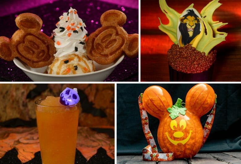 Imagem das comidas e bebidas especiais que serão vendidas nos parques durante a época de Halloween, que incluem sorvete com waffles do Mickey, um doce com o Jafar, do Rei Leão, uma bebida com canudinho de caveira iluminada e uma abóbora em forma de Mickey com docinhos dentro. 