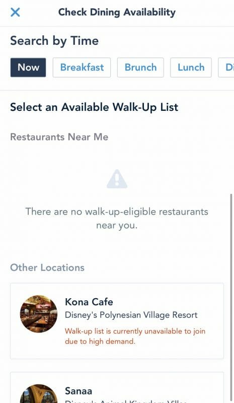 Opções mostradas pelo app da Disney na função Mobile Dine Walk-Up Waitlist