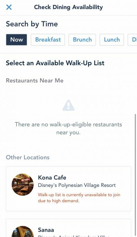 Imagem dos restaurantes disponíveis no app da Disney na nova função Mobile Dine Walk-Up Waitlist Opções mostradas pelo app da Disney na função Mobile Dine Walk-Up Waitlist