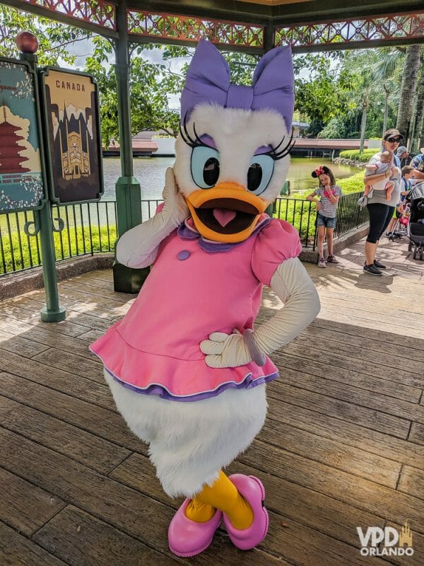 Margarida no pavilhão do Canadá, no Epcot, posando para fotos com os visitantes. Os encontros com personagens tradicionais já não estão acontecendo devido ao distanciamento social exigido pela pandemia. 