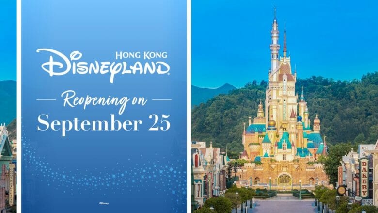 Imagem de divulgação da reabertura da Disneyland de Hong Kong. Metade do pôster está com a data de reabertura, 25 de setembro, em um fundo azul-céu, e a outra metade tem a imagem do novo castelo que será inaugurado no parque. 