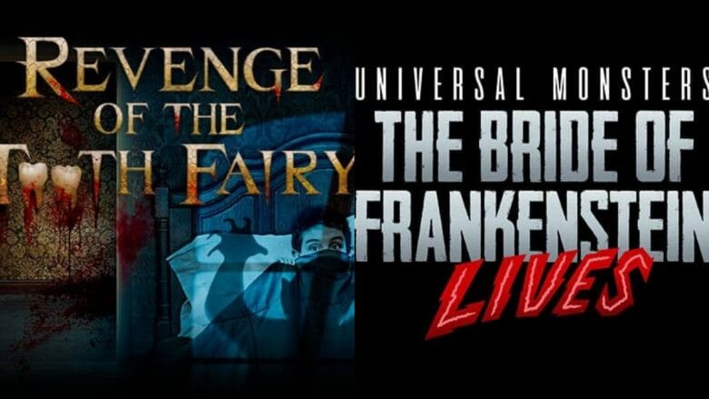 Imagem que mostra os títulos das duas casas oferecidas esse ano para o Halloween na Universal, Revenge of the Tooth Fairy e The Bride of Frankestein Lives. 