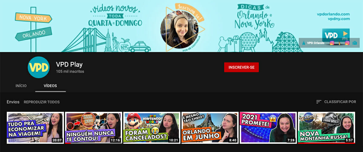 Imagem mostrando a página principal do canal do VPD no YouTube, com os 6 vídeos mais recentes em destaque.