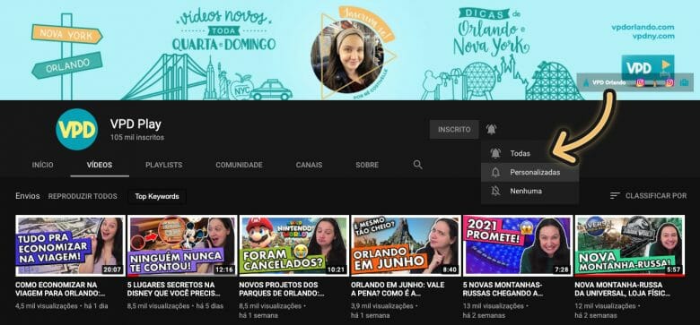 Imagem da página inicial do canal do VPD Orlando no YouTube com uma seta indicando o sininho para receber notificações de publicação de vídeos novos da série.