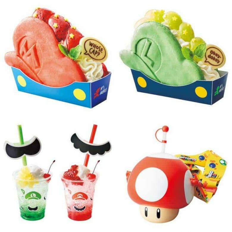 Imagem de divulgação das comidas e bebidas temáticas dos jogos do Mario que serão vendidas no Mario Cafe & Store, na área de Nintendo na Universal Japão. 