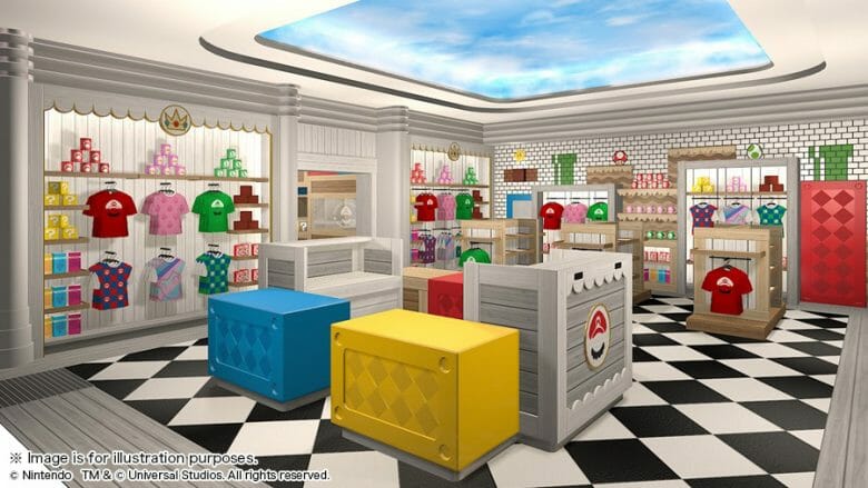 Área de loja temática da Nintendo, com camisetas e outros produtos do Mario