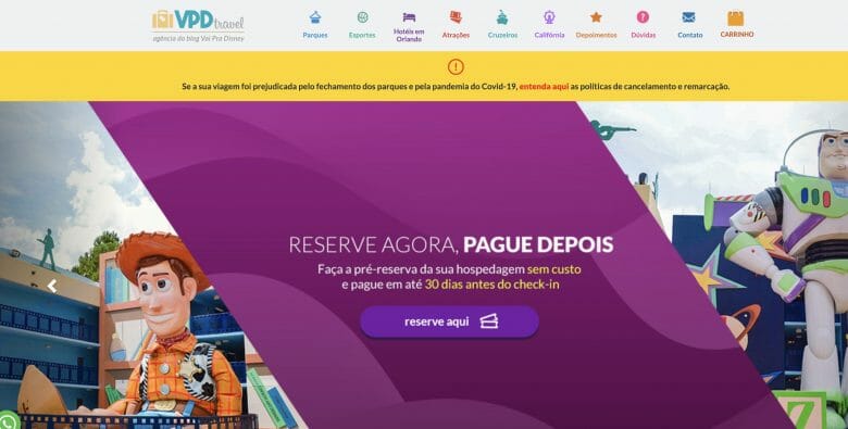 Site de vendas VPD Travel Imagem da tela do site de vendas VPD Travel com opção para reserva de hotel da Disney em 2021.