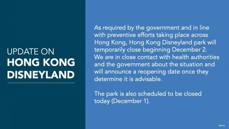 O anúncio do fechamento do parque de Hong Kong O anúncio do fechamento da Disney de Hong Kong, informando que ele acontecerá a partir de 2 de dezembro.