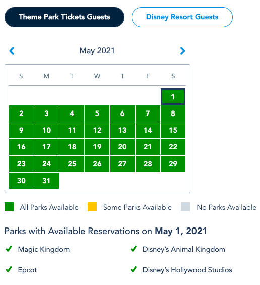 calendário mostra a disponibilidade para agendar a visita aos parques da Disney, importante na hora de remarcar a visita.