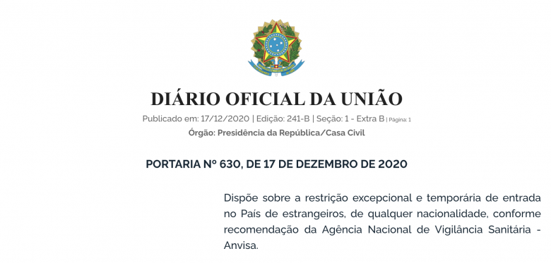 Imagem da portaria publicada no Diário Oficial sobre a obrigatoriedade de teste de covid-19 para embarcar do exterior para o Brasil.