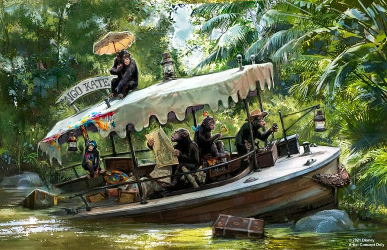 Essa será uma das mudanças do Jungle Cruise 5 chimpanzés dentro de um barco que afundou. Eles mexem em mapas e nas malas que estão dentro do barco.