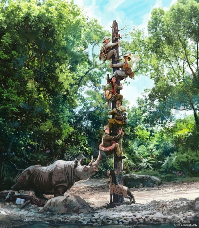 Ilustração de 5 pessoas escalando um tronco, sendo perseguidas por um rinoceronte. Essa será uma das mudanças do Jungle Cruise.