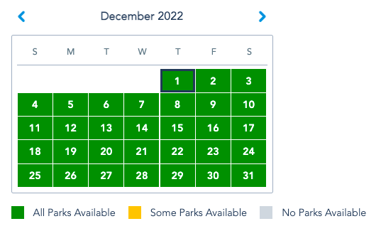 print do site da Disney mostrando calendário do Park Pass em dezembro de 2022