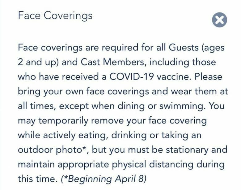 comunicado no site da Disney sobre permissão para fotos sem máscara
