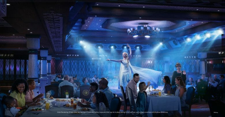 Elsa se apresentando no restaurante na divulgação do Arendelle: A Frozen Dining Adventure