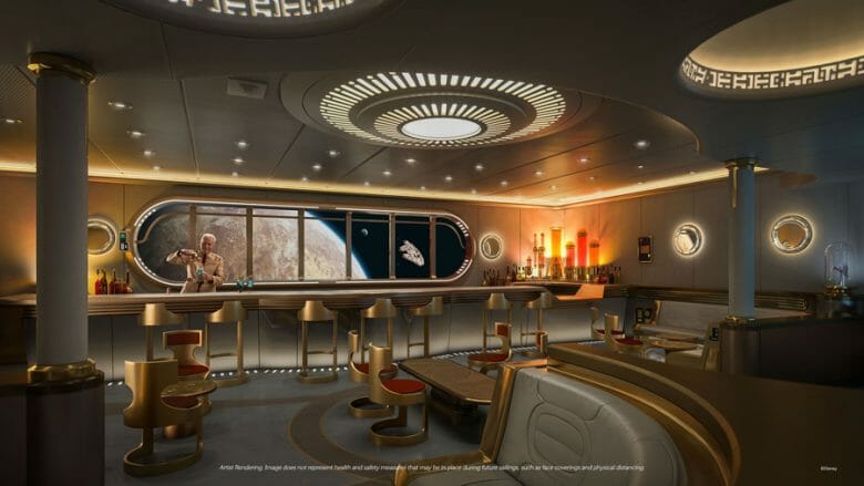 Divulgação do Star Wars Hyperspace Lounge, decorado em dourado com tema futurista