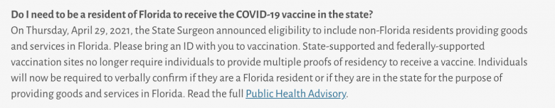 Informação no FAQ do departamento de saúde informando os requisitos para tomar a vacina