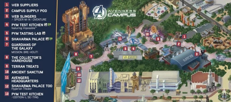 Mapa da área de Marvel, Avengers Campus, no Disney California Adventure