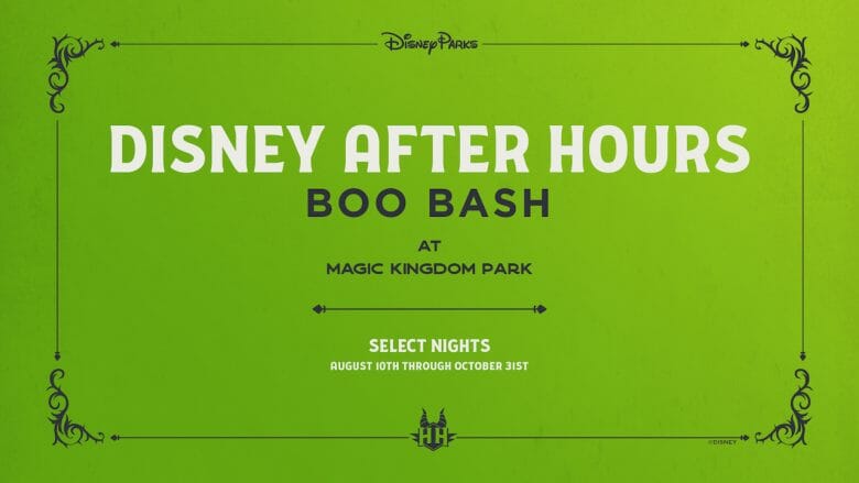 Poster com o anúncio do novo evento Disney After Hours BOO BASH, com fundo verde limão e letras brancas e pretas 