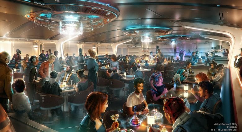 Conceito artistico do Crown of Corellia Dining Room, restaurante do hotel de Star Wars. Imagem: Disney Conceito artistico do Crown of Corellia Dining Room, restaurante do hotel de Star Wars. Imagem: Disney