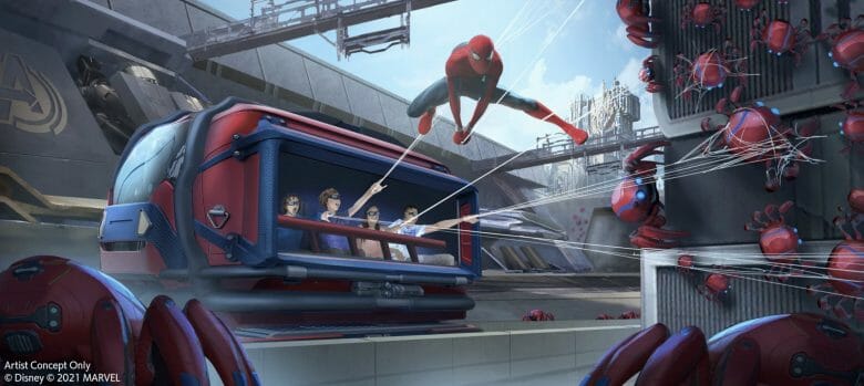 Nova atração da área de Marvel, a atração do Homem-Aranha. Imagem: Disney