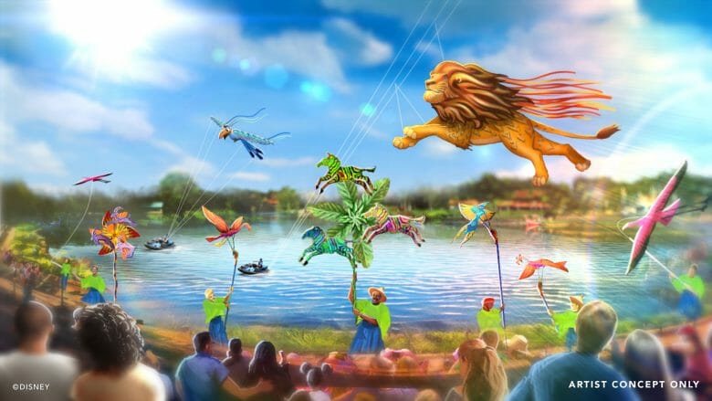 Divulgação do show diurno Disney KiteTails no Animal Kingdom, com animais feitos de pipas e cataventos 