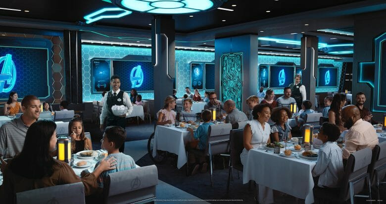 Imagem do novo restaurante da Marvel no Disney Wish, com decoração em tons de azul remetendo aos Avengers 