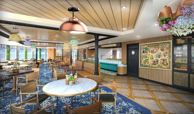 Restaurante no navio da Disney, com cadeiras de madeira clara e um tapete azul escuro 