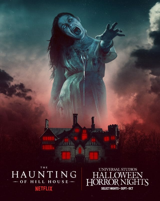 Imagem de divulgação da atração de halloween sobre The Haunting of Hill House, com uma casa de janelas vermelhas em primeiro plano e uma mulher fantasma ao fundo 