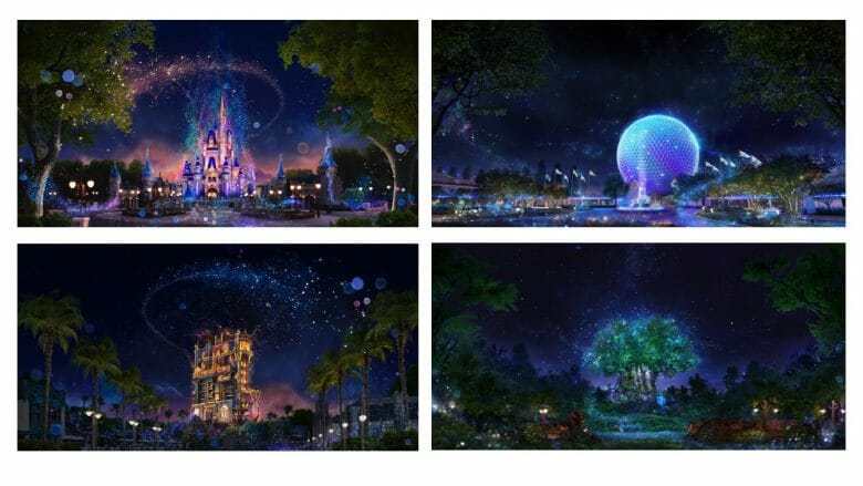 Imagem dos quatro ícones dos parques iluminados à noite com as cores do aniversário de 50 anos: castelo da Cinderela, bola do Epcot, Tower of Terror e Árvore da vida.