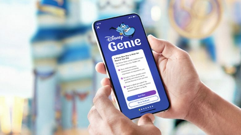 Celular mostrando a tela do novo aplicativo Disney Genie, que vai substituir o sistema de FastPass gratuito.