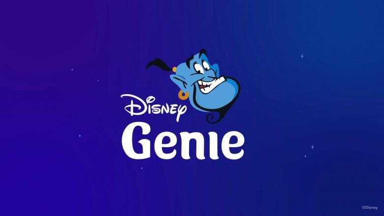 Imagem do logo do Disney Genie, com fundo azul e o gênio do Aladdin.