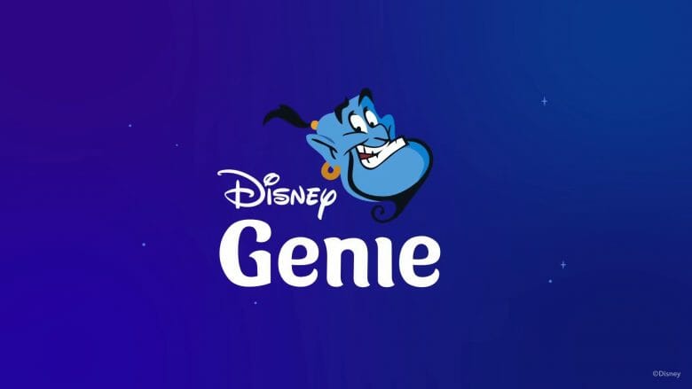 A logo do Disney Genie+, o gênio do Aladdin sobre um fundo azul royal 