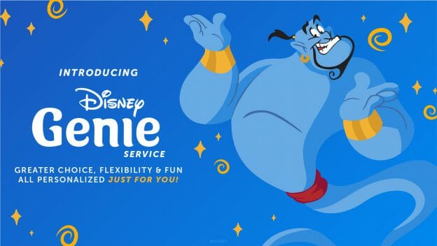 Imagem de divulgação do novo sistema Disney Genie, ilustrada pelo gênio do Aladdin sobre um fundo azul 