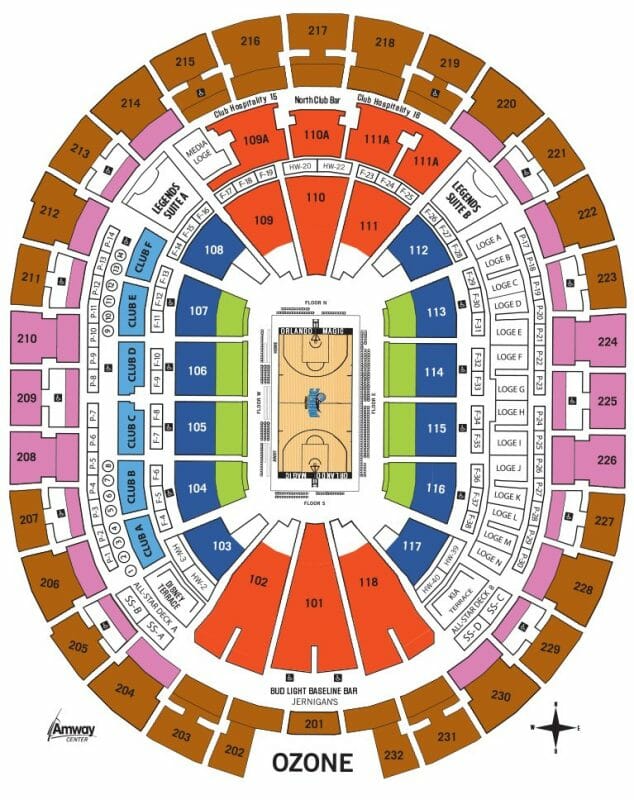 mapa de assentos para os jogos da NBA em Orlando, na arena Amway Center. Os setores são divididos por números e cores.