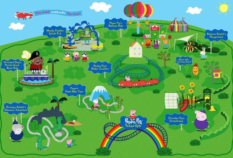 Mapa do novo parque da Peppa Pig, ilustrado com os personagens do desenho 