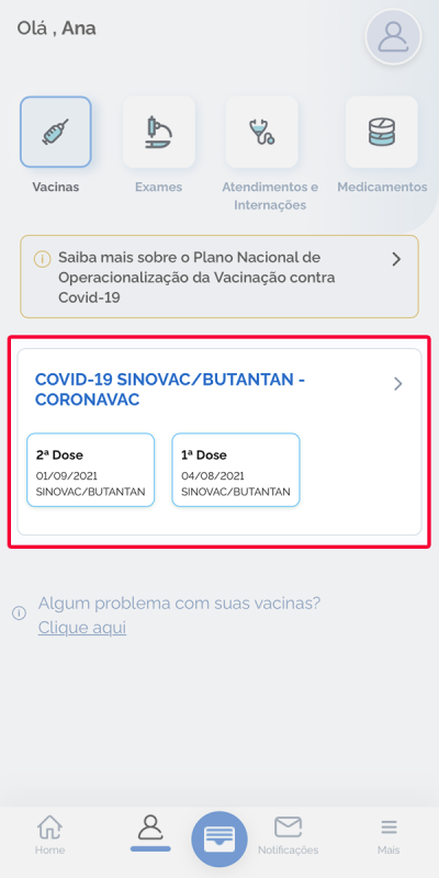 Print da página inicial do ConecteSus, destacando a área que mostra as duas doses da vacina.