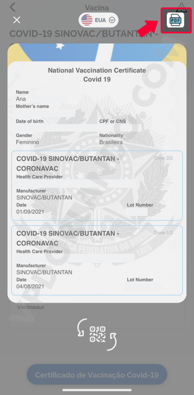 Print do certificado de vacinação digital com todas as informações da vacina e um QR Code, com uma caixinha em vermelho apontando para a opção de salvar como PDF.