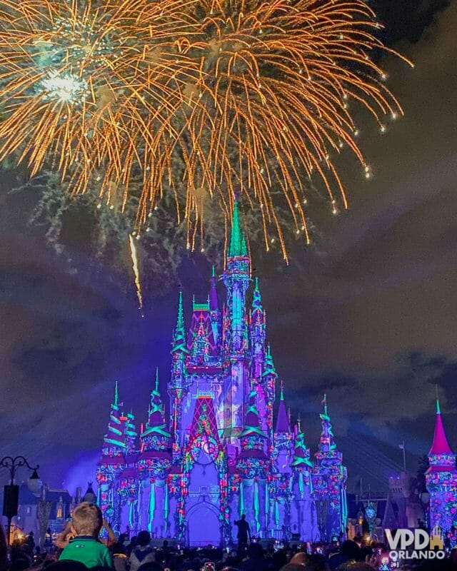 Foto do Disney Enchantment. O castelo está iluminado em tons de roxo e verde e há várias pequenas flores. 