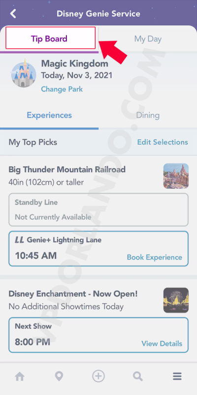 Print do app da Disney destacando a aba de Tip Board.