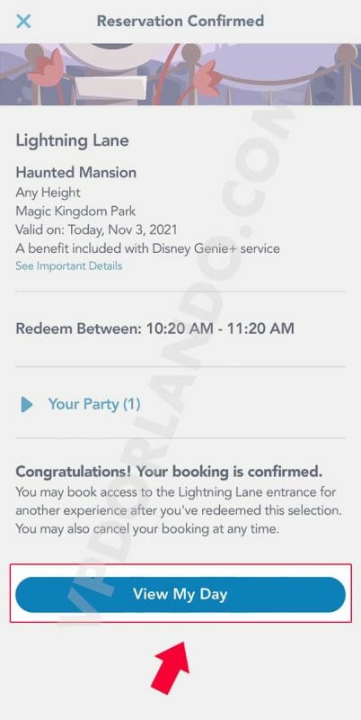 Print do app da Disney coma confirmação do agendamento.