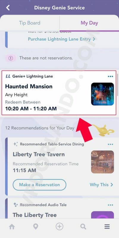 Print do app da Disney destacando a reserva Haunted Mansion na aba de My Day.