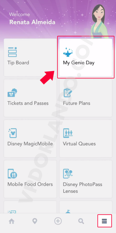 Print do app da Disney destacando o botão de My Genie Day.