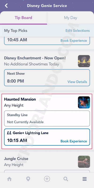 Print do app da Disney destacando a Haunted Mansion na lista de atrações.