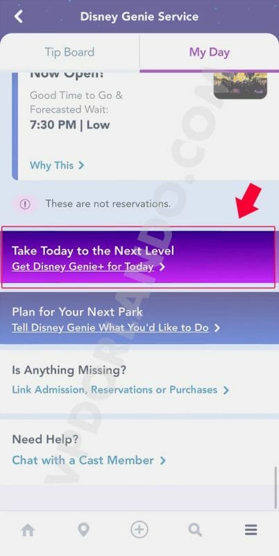 Print do app da Disney destacando o botão de Take Today to the Next Level: Get Genie+ for Today