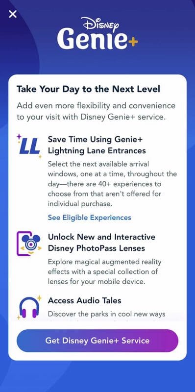 Print o app da Disney com as explicações sobre o Genie+